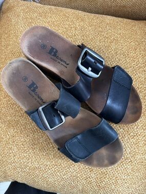 Black Leather wedge Slide Sandals with Buckle